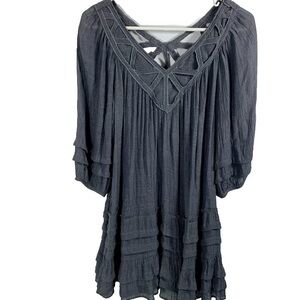 Monoreno Dress Tunic Sz S Ruffle Gray‎ Tiered Boho Peasant Coverup Festival Lace